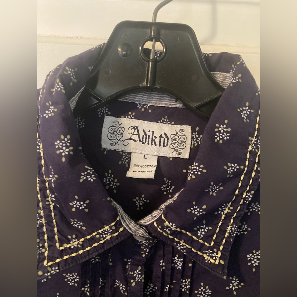Adiktd Navy Western-Style Pearl Snap Button-Down Shirt with White Print. Large. - Picture 3 of 7